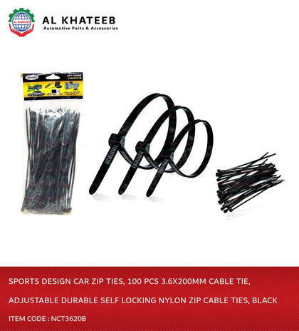 Al Khateeb Sports Design Car Zip Ties, 100 Pcs 3.6X200Mm Cable Tie, Adjustable Durable Self Locking Nylon Zip Cable Ties, Black