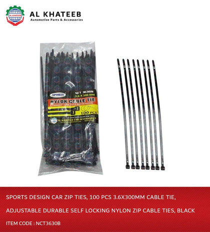 Al Khateeb Sports Design Car Zip Ties, 100 Pcs 3.6X300Mm Cable Tie, Adjustable Durable Self Locking Nylon Zip Cable Ties, Black