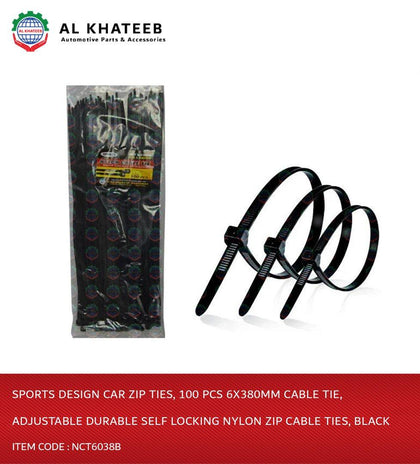 Al Khateeb Sports Design Car Zip Ties, 100 Pcs 7.6X370Mm Cable Tie, Adjustable Durable Self Locking Nylon Zip Cable Ties, Black