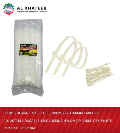 Al Khateeb Sports Design Car Zip Ties, 100 Pcs 7.6X300Mm Cable Tie, Adjustable Durable Self Locking Nylon Zip Cable Ties, White