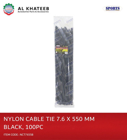 Al Khateeb Sports Design Car Zip Ties, 100 Pcs 7.6X550Mm Cable Tie, Adjustable Durable Self Locking Nylon Zip Cable Ties, Black