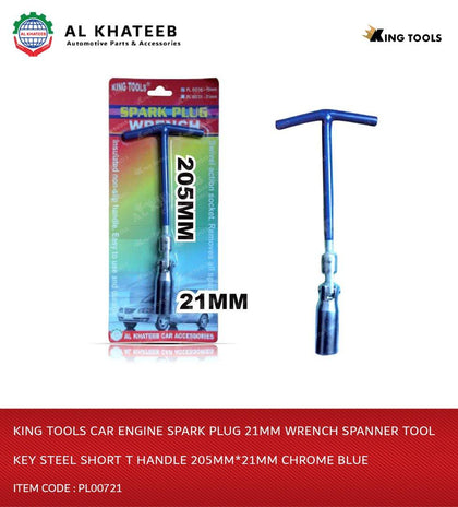 King Tools Car Engine Spark Plug 21Mm Wrench Spanner Tool Key Steel Short T Handle 205Mm*21Mm Chrome Blue