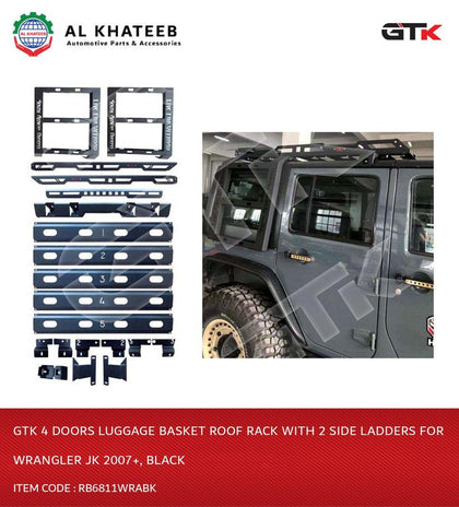 GTK 4 Doors Luggage Basket Roof Rack With 2 Side Ladders For Wrangler Jk 2007+, Black