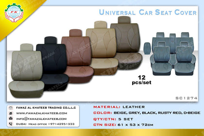 Al Khateeb Universal Car PVC Leather Seat Cover 12Pcs Set, 5 Seater, Gray, 8Mm Sponge Mid Dot