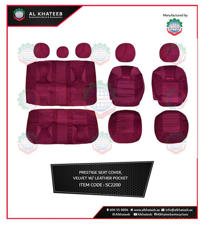 Al Khateeb Universal Car Prestige High Quality Velvet Seat Cover 11Pcs Set, 5 Seater, Maroon