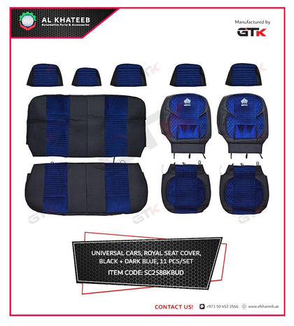 GTK Universal Car Seat Cover Leather With Diamond Velvet Embroidery, 11Pcs Set, 5 Seater, Black, Dark Bule