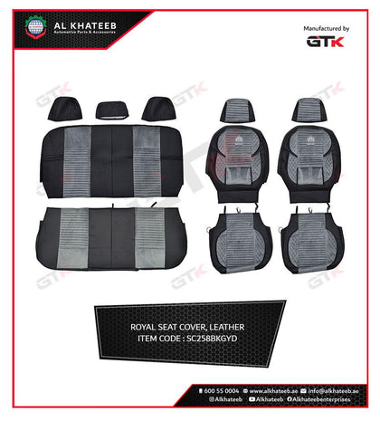 GTK Universal Car Seat Cover Leather With Diamond Velvet Embroidery, 11Pcs Set, 5 Seater, Black Gray