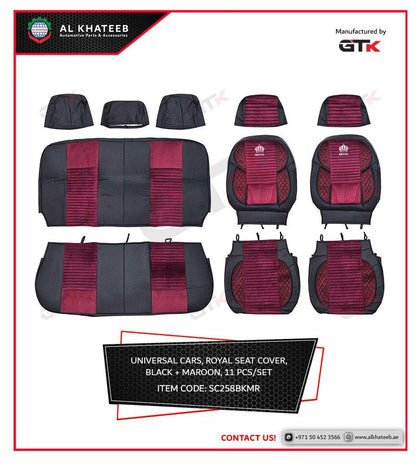 GTK Universal Car Seat Cover Leather With Diamond Velvet Embroidery, 11Pcs Set, 5 Seater, Black Maroon