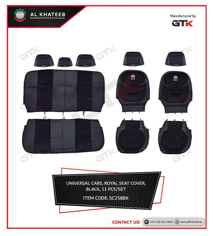 GTK Universal Car Seat Cover Leather With Diamond Velvet Embroidery, 11Pcs Set, 5 Seater, Black