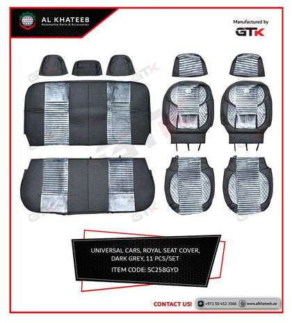 GTK Universal Car Seat Cover Leather With Diamond Velvet Embroidery, 11Pcs Set, 5 Seater, Dark Gray
