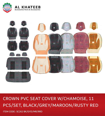 GTK Universal Car Seat Cover Crown PVC With Chamoise, 11Pcs Set, 5 Seater, Rusty Red