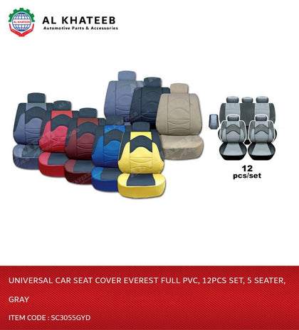 Universal Car Seat Cover Everest Full PVC, 12Pcs Set, 5 Seater, Gray