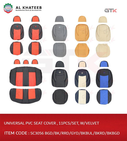 GTK Universal Car PVC Woven Embroidery Seat Cover, 11Pcs Set, 5 Seater, Dark Gray Leather, Dark Gray Thread