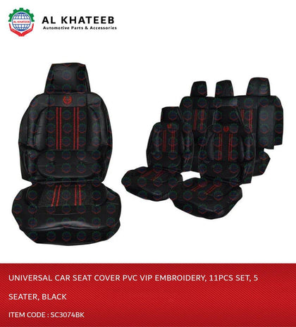 Al Khateeb Universal Car Seat Cover Pvc Vip Embroidery, 11Pcs Set, 5 Seater, Black