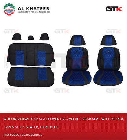 GTK Universal Car Seat Cover Pvc+Velvet Rear Seat With Zipper, 12Pcs Set, 5 Seater, Dark Blue