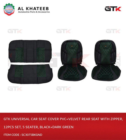 Universal Car Seat Cover PVC+Velvet Rear Seat With Zipper, 12Pcs Set, 5 Seater, Black+Dark Green