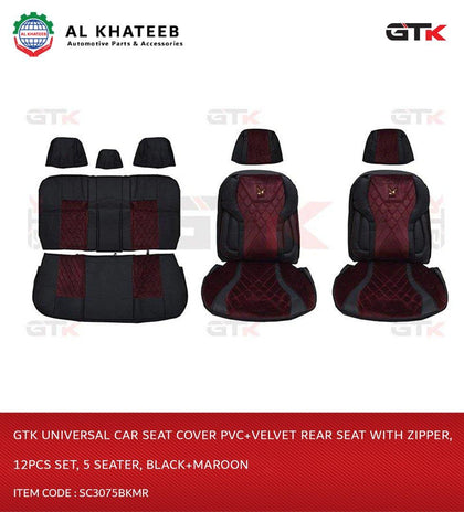 Universal Car Seat Cover PVC+Velvet Rear Seat With Zipper, 12Pcs Set, 5 Seater, Black+Maroon