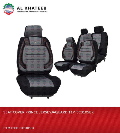 Prima Auto Universal Car Seat Cover Pvc Leather Prince Jersey Jacquard, 11Pcs, 5 Seater, Black - 3105