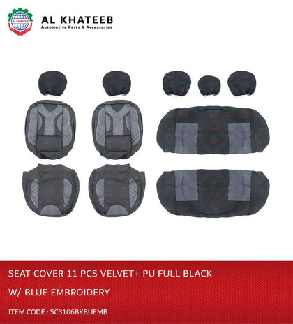 Prima Auto Universal Car Seat Cover Velvet+Pu, 11Pcs, 5 Seater, Full Black With Blue Embroidery 3106