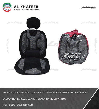 Prima Auto Universal Car Seat Cover PVC Leather Prince Jersey Jacquard, 11Pcs, 5 Seater, Black-Dark Gray 3106