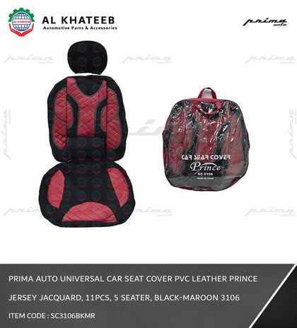 Prima Auto Universal Car Seat Cover PVC Leather Prince Jersey Jacquard, 11Pcs, 5 Seater, Black-Maroon 3106