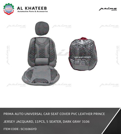 Prima Auto Universal Car Seat Cover PVC Leather Prince Jersey Jacquard, 11Pcs, 5 Seater, Dark Gray 3106