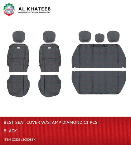 Prima Auto Universal Car Seat Cover Best Brand PVC With Stamp Diamond, 11 Pcs 5-Seater, Black