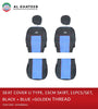 Al Khateeb Universal Car Seat Cover U-Type 15Cm Skirt, 11Pcs/Set 5 Seater, Black-Blue, Black Thread