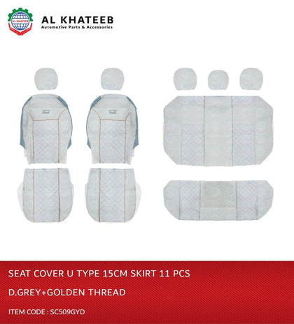 Al Khateeb Universal Car Seat Cover U-Type 15Cm Skirt, 11Pcs/Set 5 Seater, Dark Gray+ Golden Thread