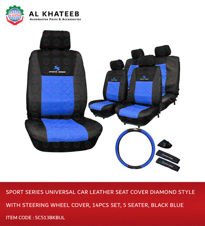 Al Khateeb Sport Series Universal Car Leather Seat Cover Diamond Style With Steering Wheel Cover, 14Pcs Set, 5 Seater, Black Blue