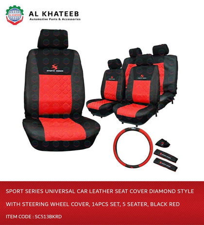 Al Khateeb Sport Series Universal Car Leather Seat Cover Diamond Style With Steering Wheel Cover, 14Pcs Set, 5 Seater, Black Red