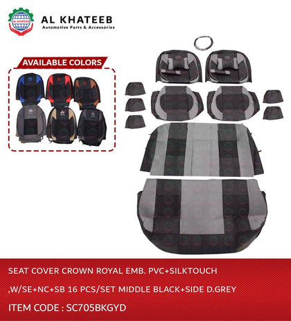 Seat Cover Crown Royal Emb. Pvc+Silktouch ,W/Se+Nc+Sb 16 PCS/Set Middle Black+Side D.Grey