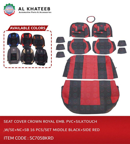 Seat Cover Crown Royal Emb. Pvc+Silktouch ,W/Se+Nc+Sb 16 PCS/Set Middle Black+Side Red
