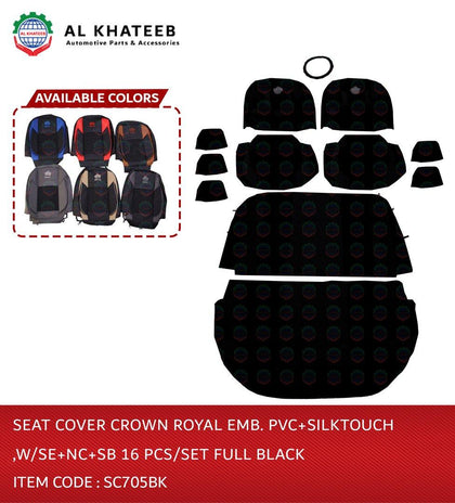 Seat Cover Crown Royal Emb. Pvc+Silktouch ,W/Se+Nc+Sb 16 PCS/Set Full Black