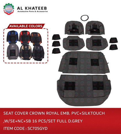 Seat Cover Crown Royal Emb. Pvc+Silktouch ,W/Se+Nc+Sb 16 PCS/Set Full D.Grey
