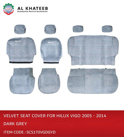 Al Khateeb Car Seat Full Cover Velvet Hilux Vigo 2005-2014, 10Pcs Set, 5 Seater, Dark Gray