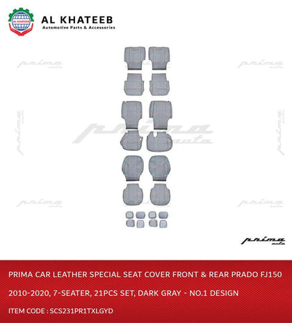 Prima Car Leather Special Seat Cover Front & Rear Prado Fj150 2010-2020, 7-Seater, 21Pcs Set, Dark Gray - No.1 Design