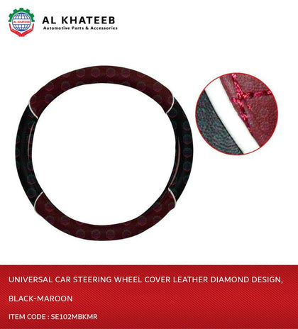 Auto Universal Car Steering Wheel Cover Leather Diamond Design, Black-Maroon