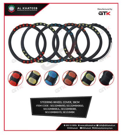 GTK Universal Car Steering Wheel Protector Cover Black Leather-Beige Line+Beige Silicone 38CM