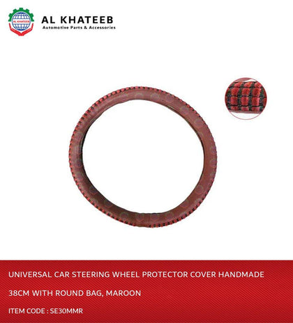 Al Khateeb Universal Car Steering Wheel Protector Cover Handmade 38Cm With Round Bag, Maroon