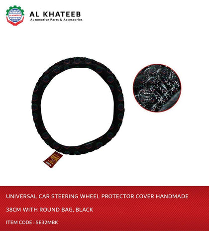 Al Khateeb Universal Car Steering Wheel Protector Cover Handmade 38CM With Round Bag, Black - SE32