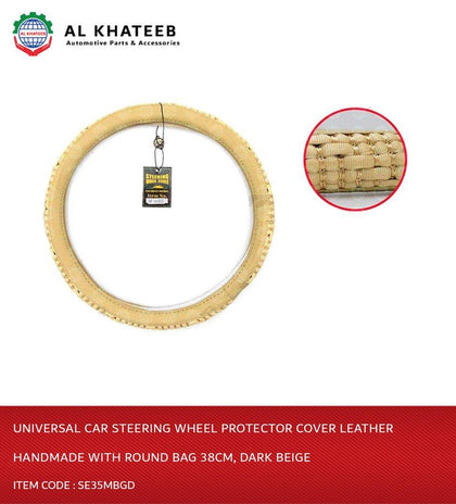 Universal Car Steering Wheel Protector Cover Leather Handmade With Round Bag 38Cm, Dark Beige - Se35