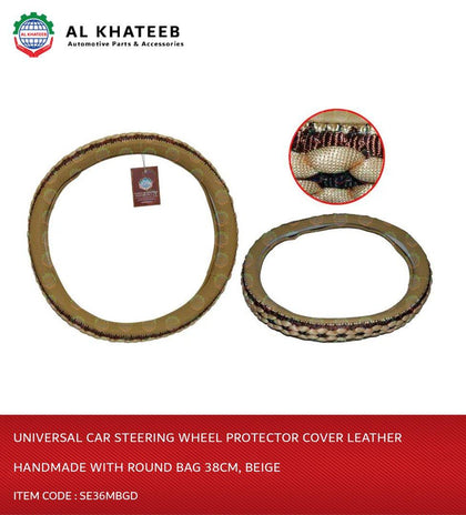 GTK Universal Car Steering Wheel Protector Cover Leather Handmade With Round Bag 38Cm, Beige - Se36