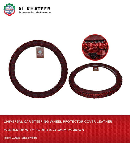 Universal Car Steering Wheel Protector Cover Leather Handmade With Round Bag 38Cm, Maroon - Se36