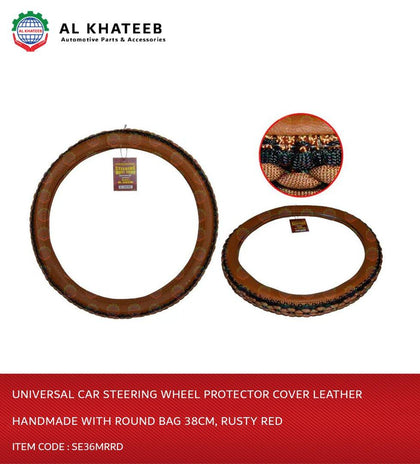 Universal Car Steering Wheel Protector Cover Leather Handmade With Round Bag 38Cm, Ruaty Red - Se36