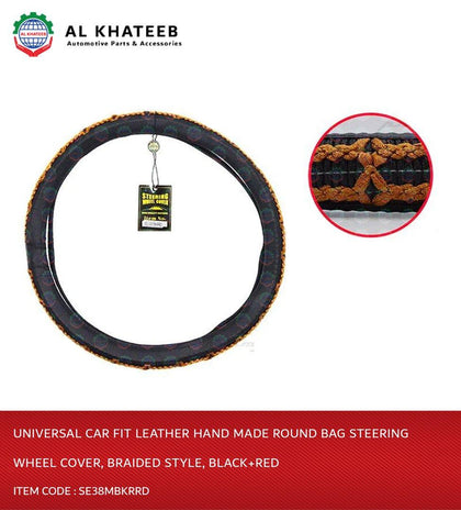 Al Khateeb Prima Universal Car Fit Leather Hand Made Round Bag Steering Wheel Cover, Braided Style, Black+Red