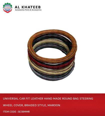 Al Khateeb Prima Universal Car Fit Leather Hand Made Round Bag Steering Wheel Cover, Braided Style, Maroon