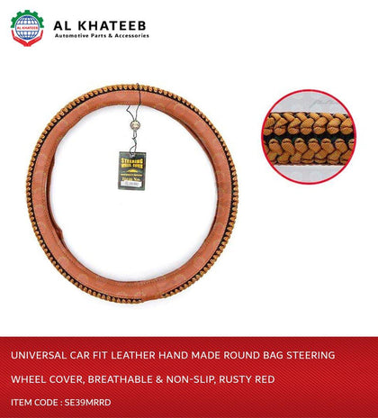 Al Khateeb Prima Universal Car Fit Leather Hand Made Round Bag Steering Wheel Cover, Breathable & Non-Slip, Rusty Red