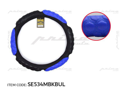 Al Khateeb GTK Universal Car Fit Hand Made Leather Steering Wheel Cover, Massage Hexagon Grip Style, Black+Blue
