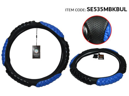 Al Khateeb GTK Universal Car Fit Soft Leather Steering Wheel Cover 38Cm, Massage Hexagon Grip Style, Black Ring, Black+Blue